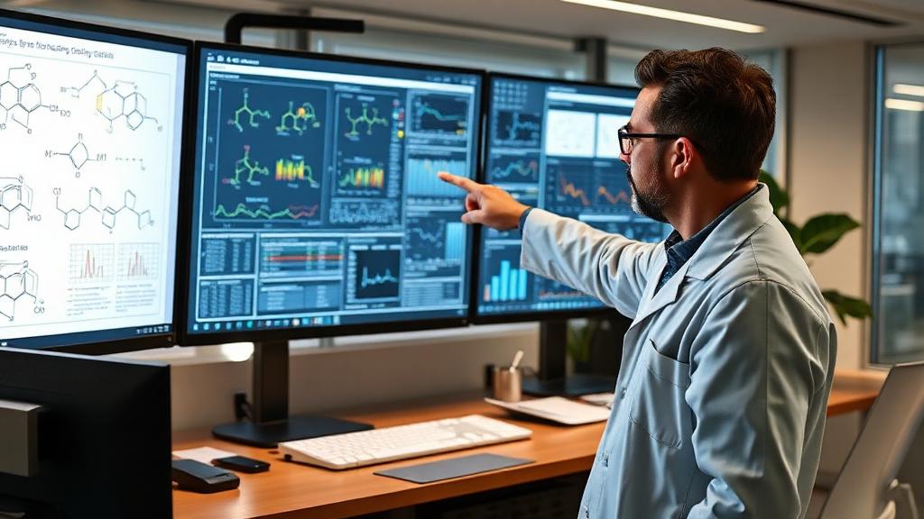 Scientist analyzing chemical structures and charts on monitors