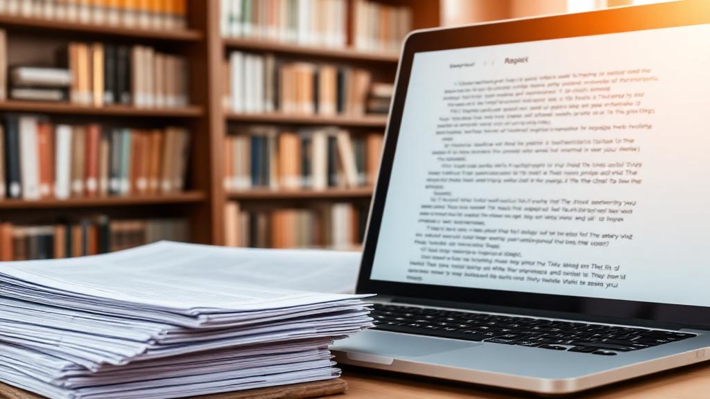 Stacked research papers next to a laptop displaying a PDF