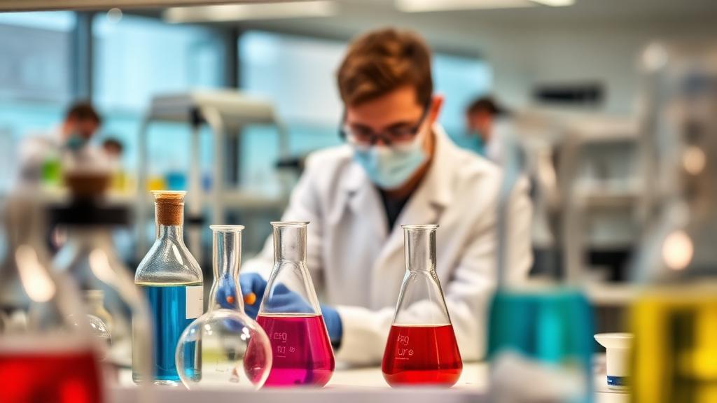 Chemist working with colorful liquid solutions in a modern lab