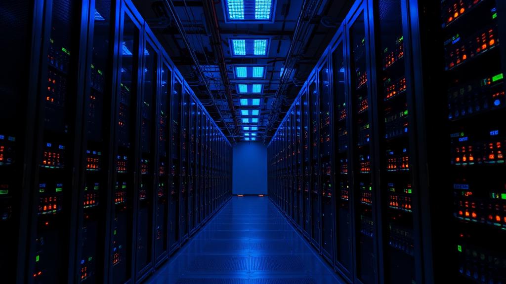 Data center corridor with glowing server racks